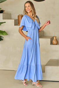 Kelsey Textured Flutter Sleeve Ruffled Maxi Dress