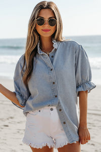 Aya Ruffle Short Puff Sleeve Summer Chambray Top