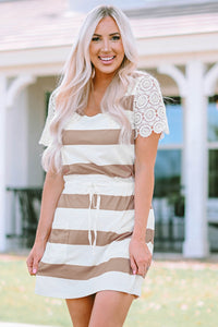 Nia Lace Crochet Short Sleeve Drawstring Striped Dress