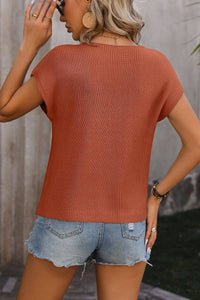 Round Neck Short Sleeve Sweater: RUST