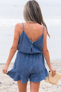 Aspyn Spaghetti Straps Ruffled Leg Chambray Romper