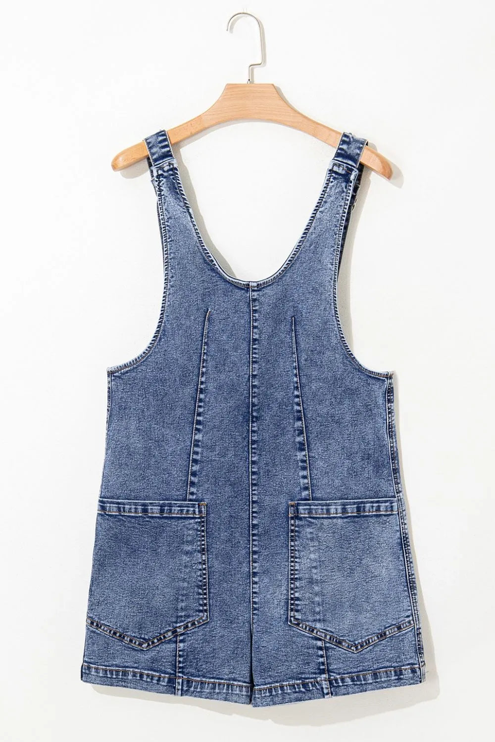 U Neck Patched Pocket Denim Overalls