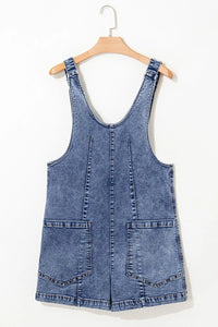 U Neck Patched Pocket Denim Overalls
