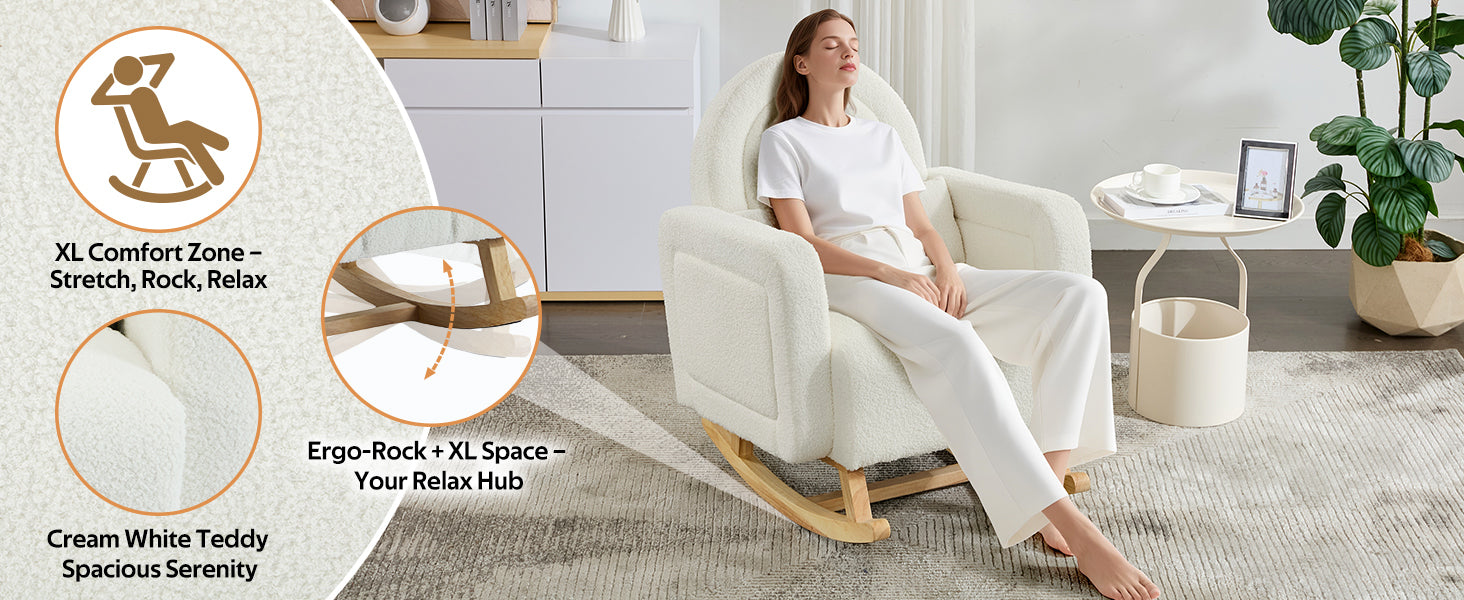 Accent Rocking Chair with Curved Back & Pillow, Ultimate Comfort for Your Home, Teddy Velvet, Cream White