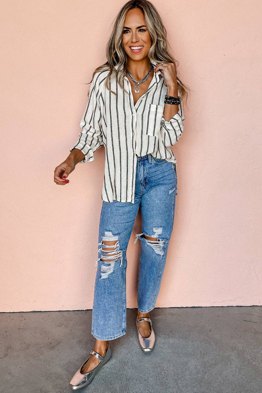 Stripe Chest Pocket Buttoned Oversized Shirt: Black Stripe