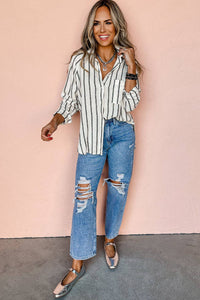 Stripe Chest Pocket Buttoned Oversized Shirt: Black Stripe