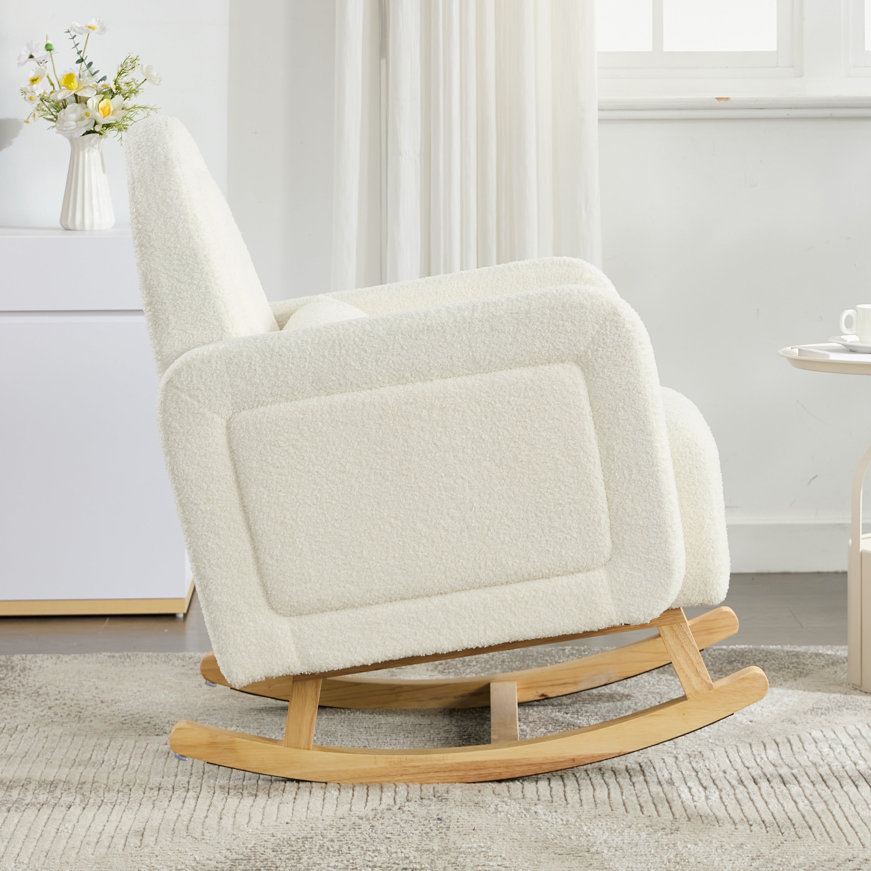 Accent Rocking Chair with Curved Back & Pillow, Ultimate Comfort for Your Home, Teddy Velvet, Cream White