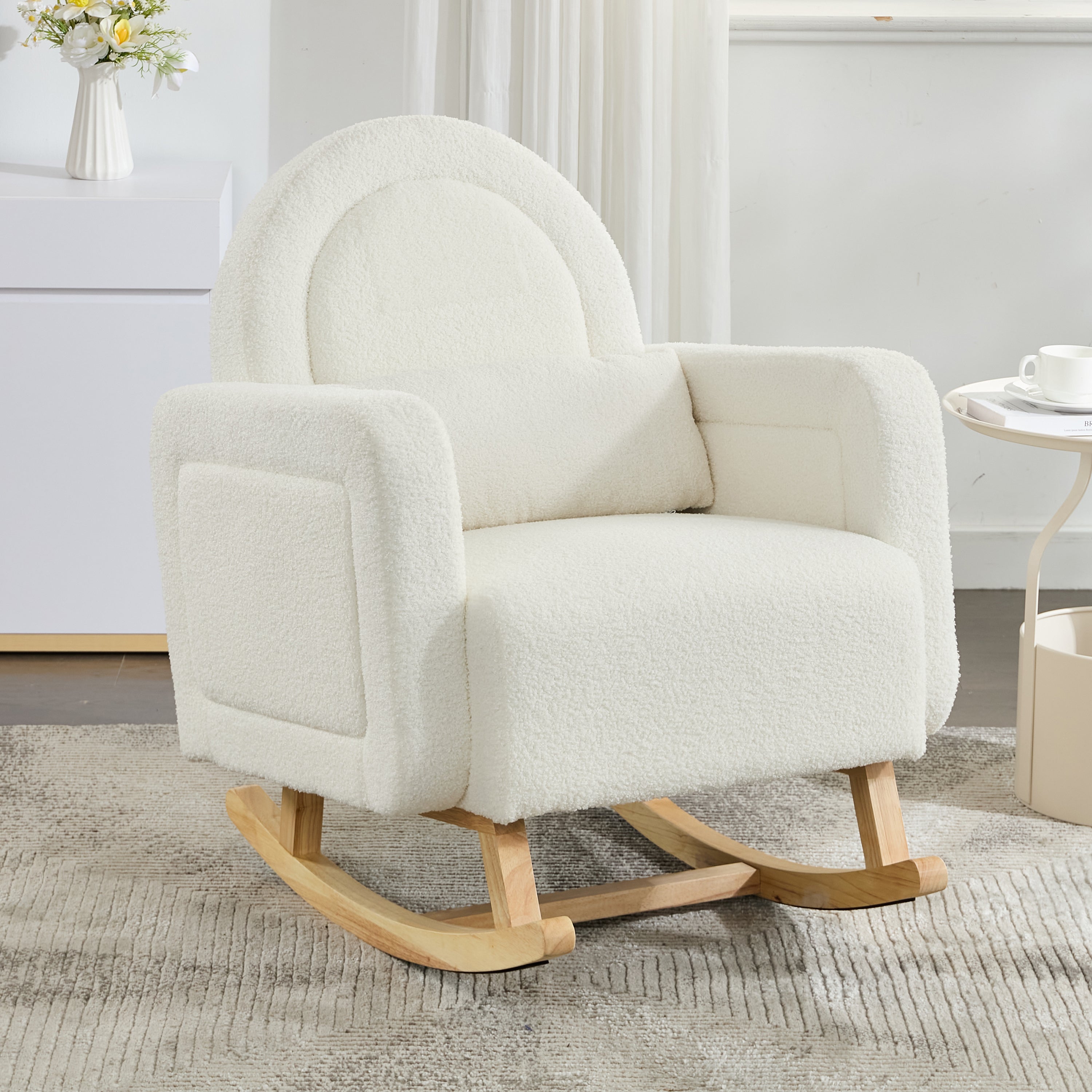 Accent Rocking Chair with Curved Back & Pillow, Ultimate Comfort for Your Home, Teddy Velvet, Cream White