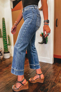 Mineral Wash High Waist Bell Bottom Crop Jeans: Blue