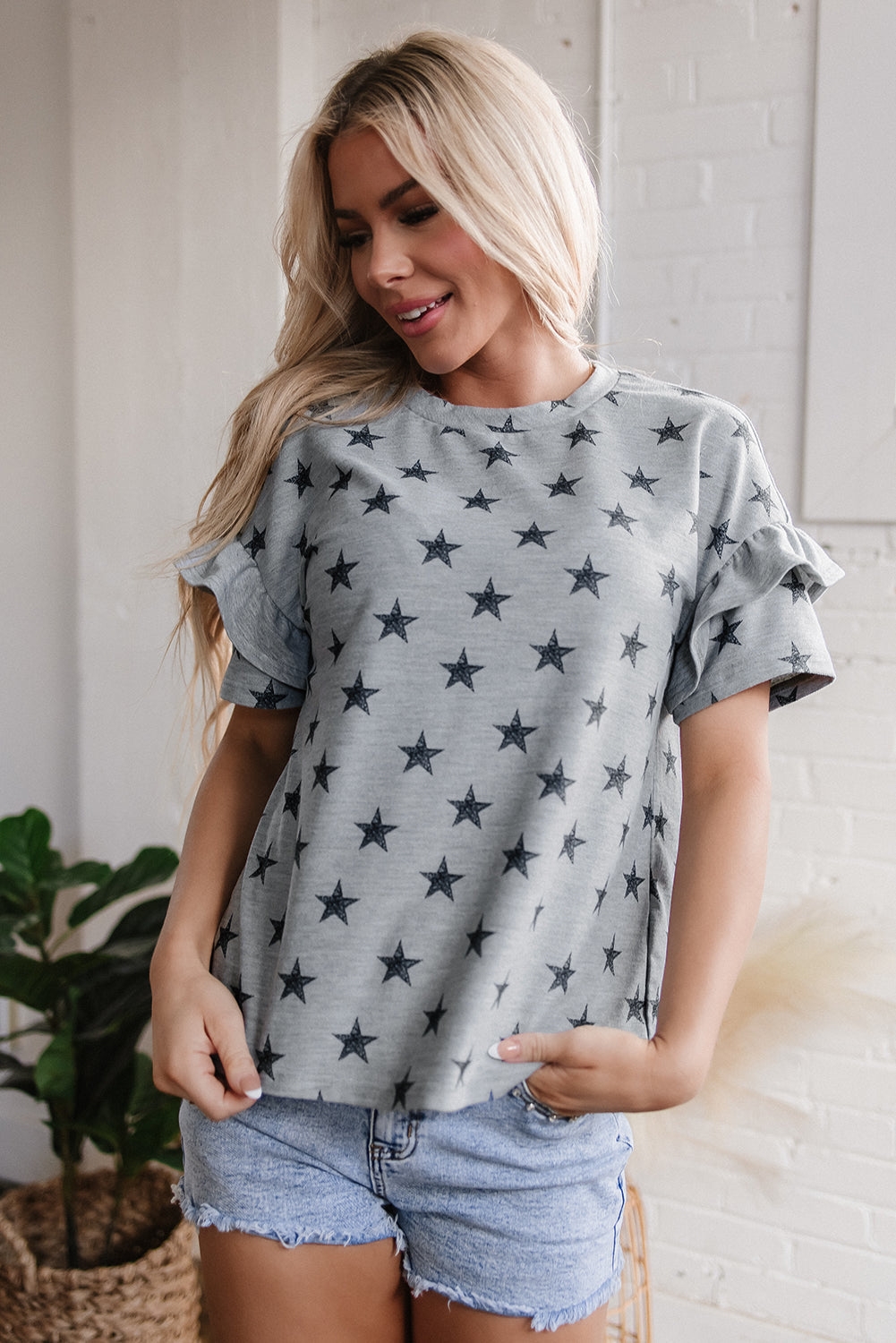 Joelle Star Ruffled Sleeve Crew Neck Top