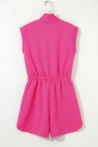 Textured Short Sleeve Half Zip Drawstring Waist Romper