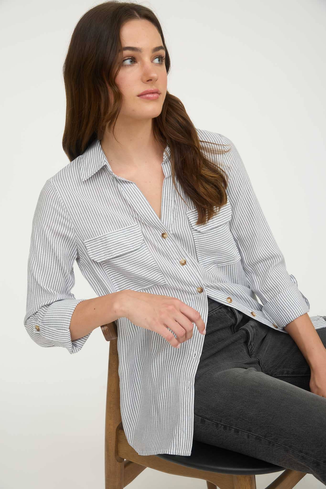 STRIPED COLLARED BUTTON DOWN WITH POCKETS : BLACK