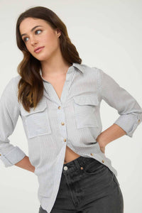 STRIPED COLLARED BUTTON DOWN WITH POCKETS : BLACK