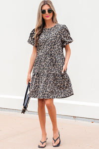 Zaylee Denim Leopard Short Puff Sleeve Mini Dress