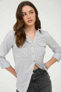 STRIPED COLLARED BUTTON DOWN WITH POCKETS : BLACK