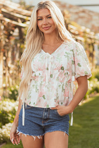 Alaiya Floral Puff Sleeve V Neck Tied Front Peplum Blouse