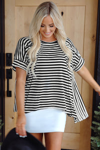 Alia Stripe Batwing Sleeve Crewneck Oversized Top