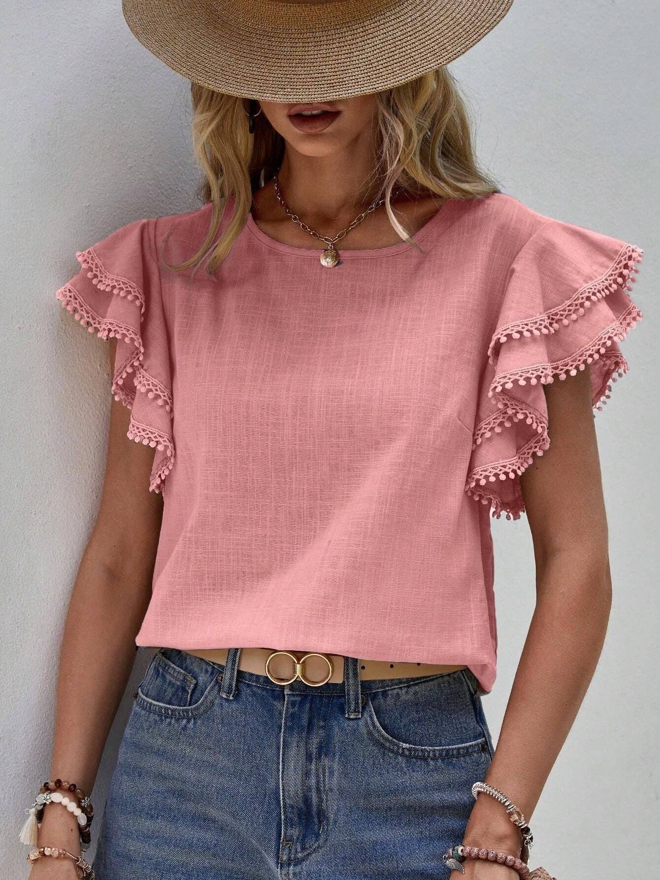 Women's Casual Ruffle Sleeve V-Neck Blouse Soft Cotton Pom Pom Trim Short Sleeve Top: Pink