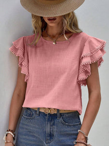 Women's Casual Ruffle Sleeve V-Neck Blouse Soft Cotton Pom Pom Trim Short Sleeve Top: Pink