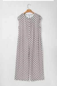 Paisley Checkered Buttoned Crew Neck Wide Leg Jumpsuit
