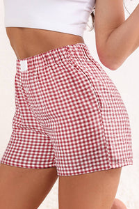 Stripe Plaid Printed High Waist Gingham Shorts: Red