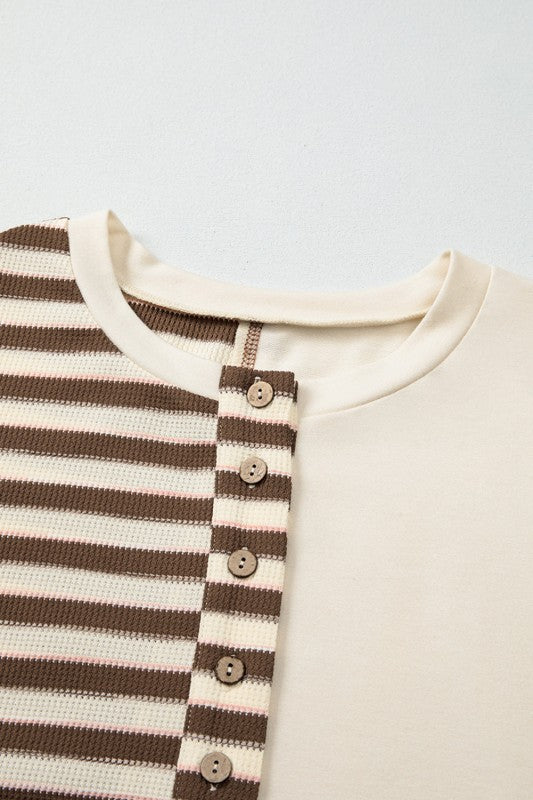 Stripe Patchwork Long Sleeve Henley Top