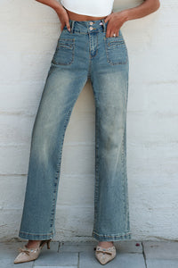 Amyra Double Button Patch Pocket Flare Leg Jeans