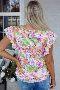 Savanna Ruffled Short Sleeve Notched Neck Blouse
