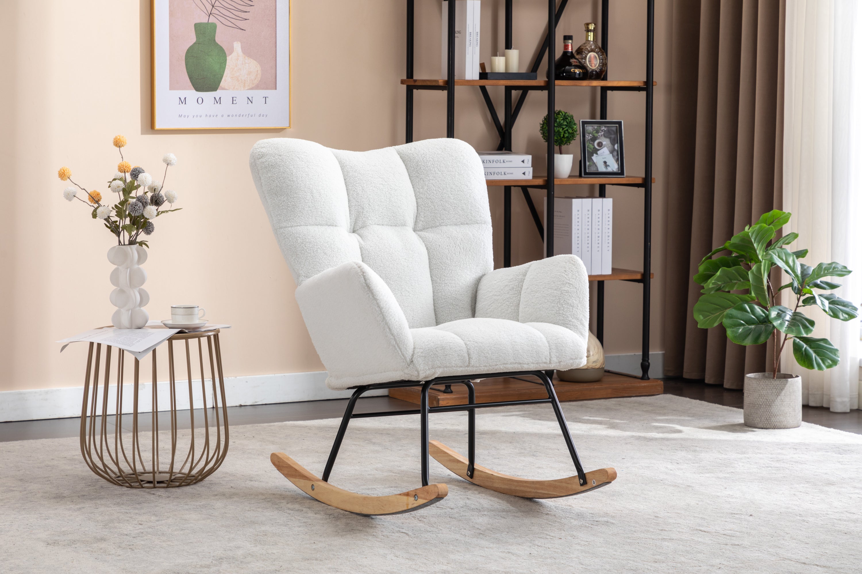 050-Teddy Fabric Rocking Gilder Nursery Chair For Living Room Indoor,Ivory