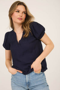 EMBROIDERY EYELET YOKE DETAIL PUFF SLEEVE TOP: NAVY