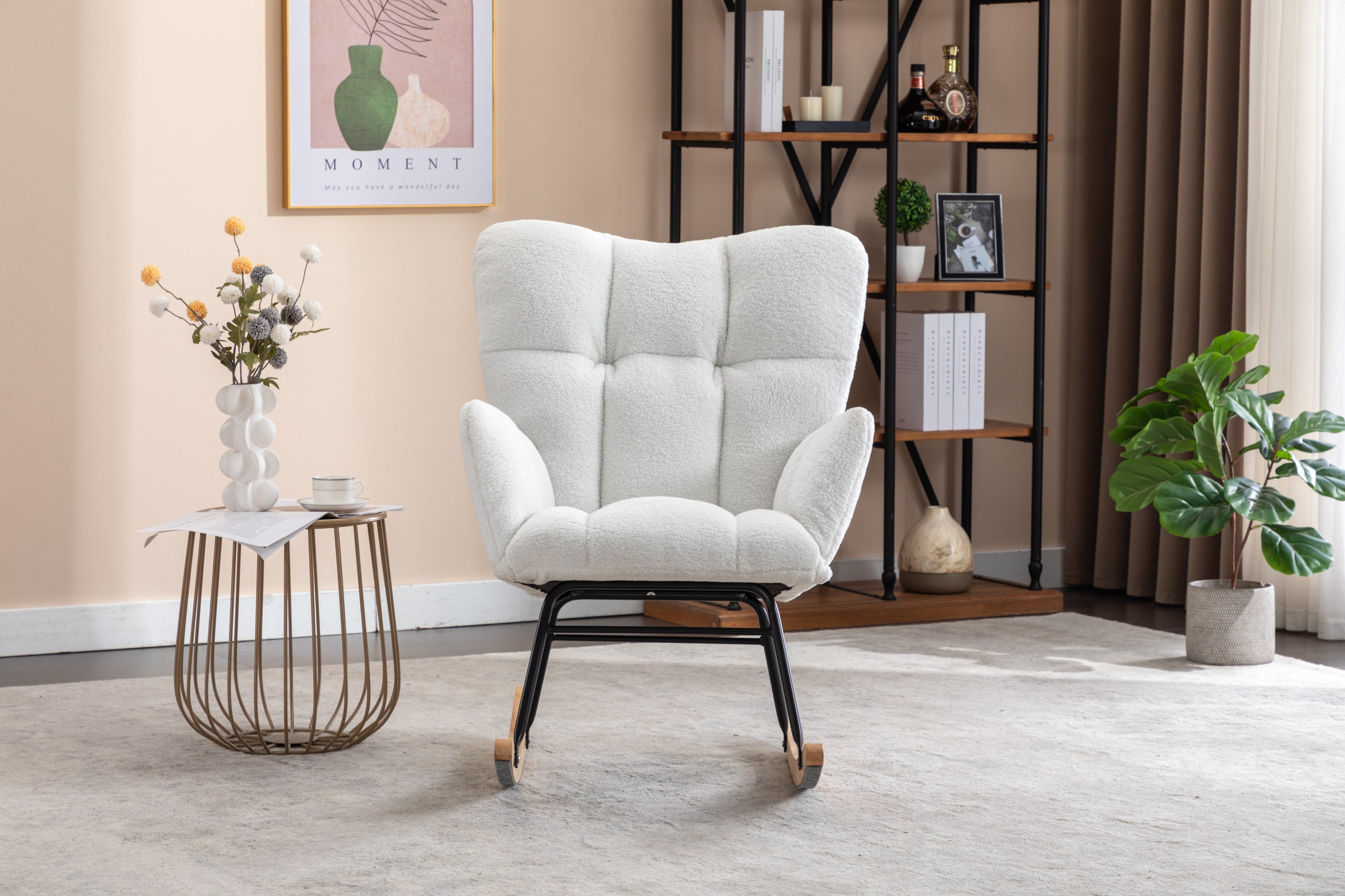 050-Teddy Fabric Rocking Gilder Nursery Chair For Living Room Indoor,Ivory