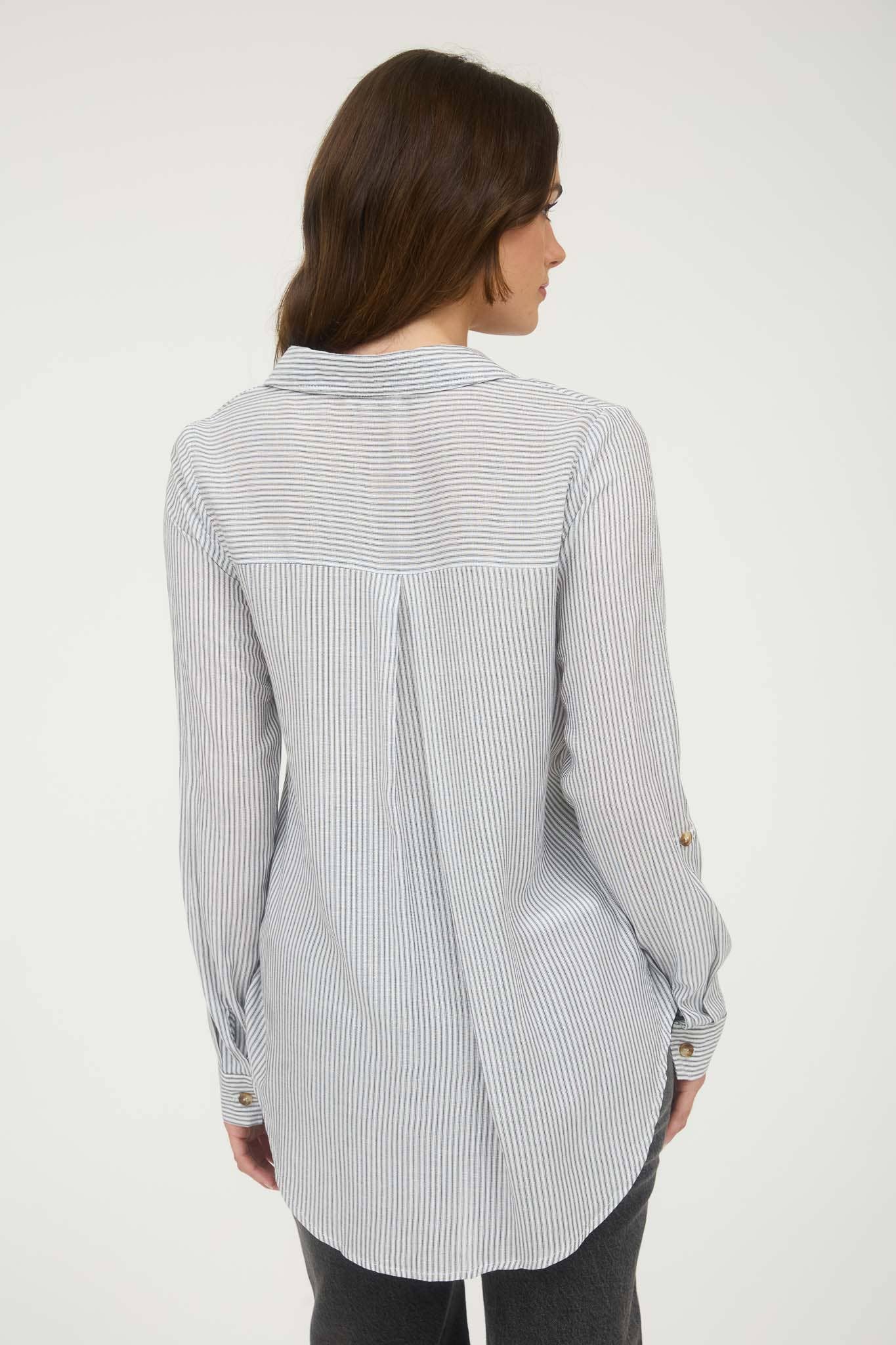 STRIPED COLLARED BUTTON DOWN WITH POCKETS : BLACK