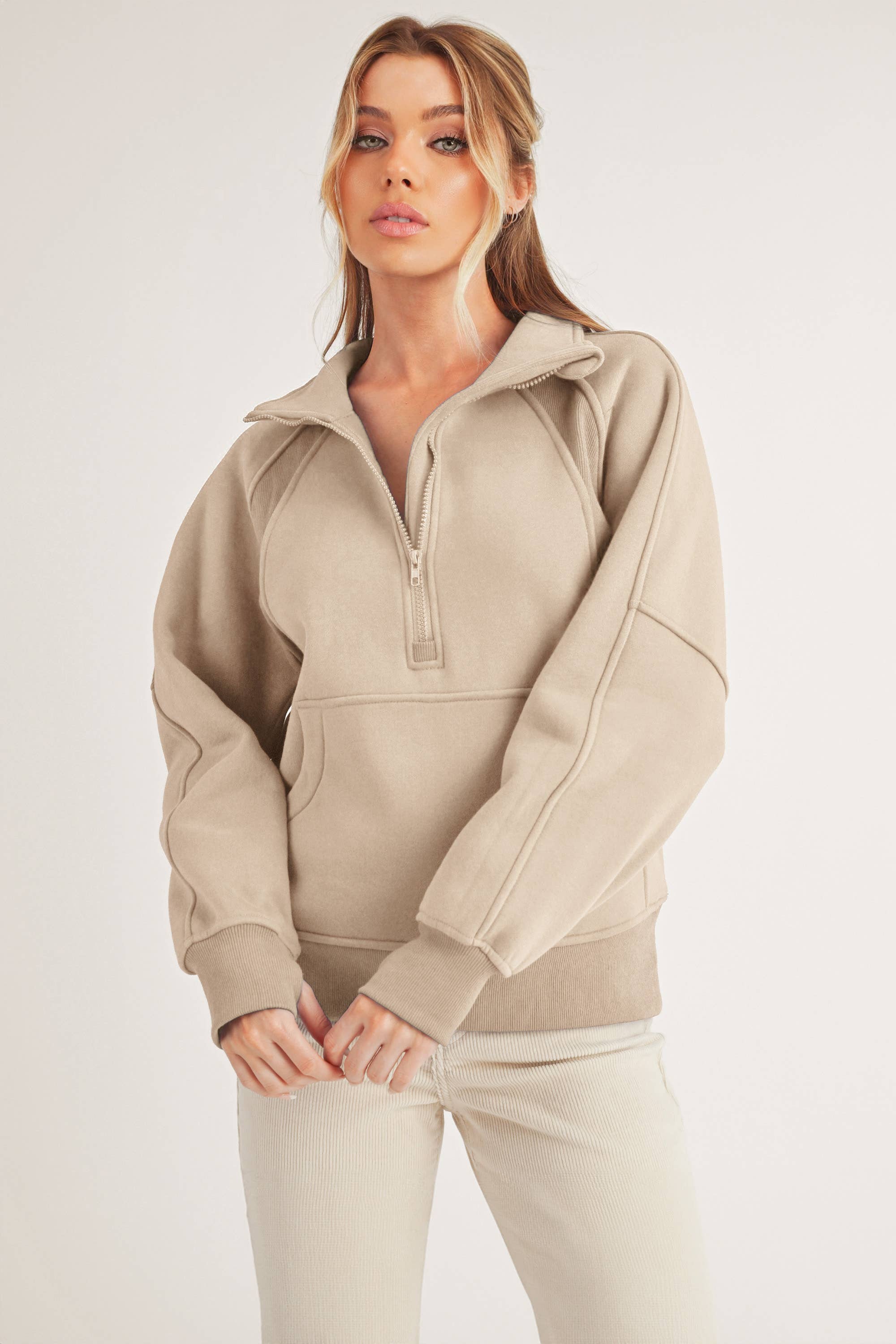 Long Dove Funnel Neck Half Zip: Oat Pullover