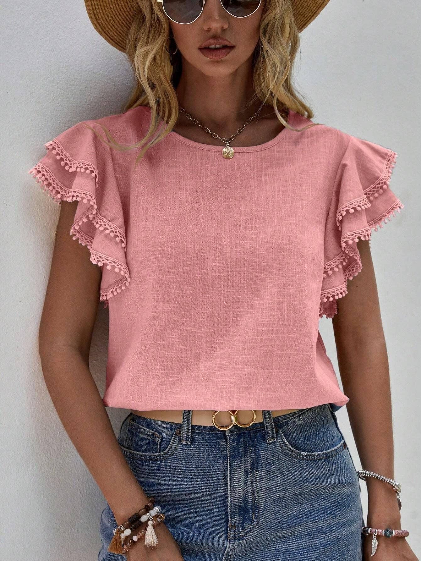 Women's Casual Ruffle Sleeve V-Neck Blouse Soft Cotton Pom Pom Trim Short Sleeve Top: Pink