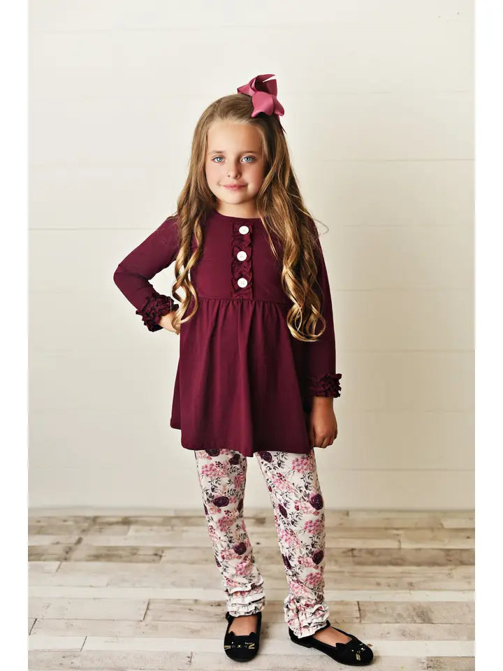Kids Dark Plum Floral Long Sleeve Ruffle Pants Fall Set
