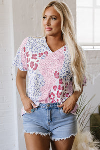 Luisa Leopard V Neck Short Sleeve Blouse