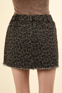 Washed Cotton Twill Leopard Printed Mini Skirt: CHARCOAL