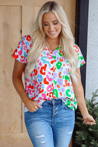 Artemis Leopard V Neck Short Sleeve Blouse
