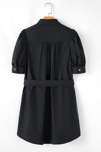 Malaya Button Up Tie Waist Puff Sleeve Mini Dress