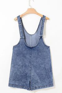 U Neck Patched Pocket Denim Overalls