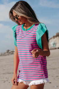 Adrianna Stripe Ruffled Sleeve Crew Neck Blouse