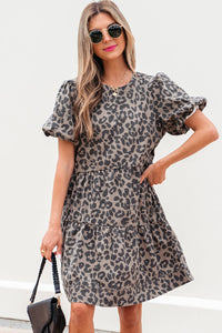Zaylee Denim Leopard Short Puff Sleeve Mini Dress