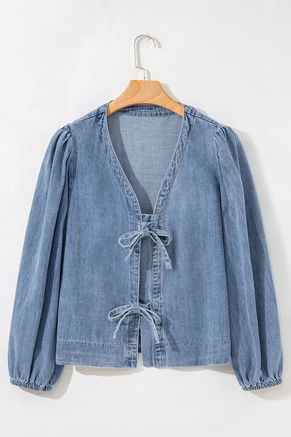 Oakley Tied Front Long Puff Sleeve Denim Top