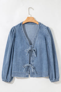 Oakley Tied Front Long Puff Sleeve Denim Top