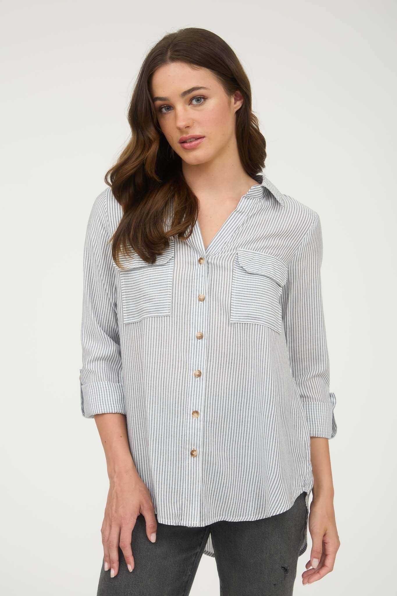 STRIPED COLLARED BUTTON DOWN WITH POCKETS : BLACK
