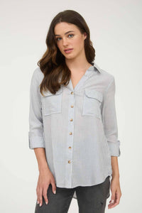 STRIPED COLLARED BUTTON DOWN WITH POCKETS : BLACK