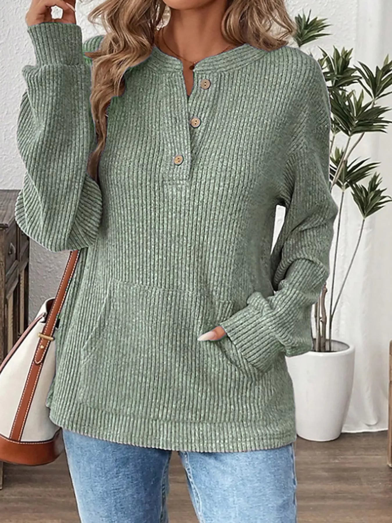 Ribbed Button Detail Long Sleeve T-Shirt