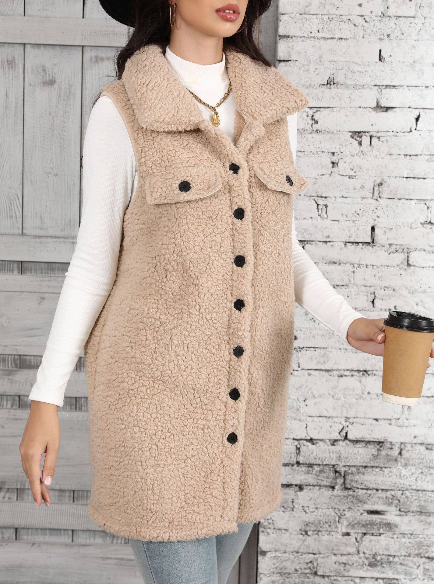 SLEEVELESS POINTY BUBBLE CARDIGAN FLEECE VEST: APRICOT