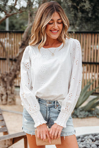 Allison Eyelet Embroidered Smocked Cuff Sheer Blouse