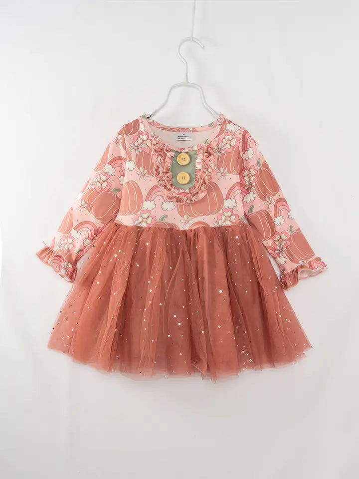 FINAL SALE-Pink Rainbow Pumpkin Girl Tutu Dress